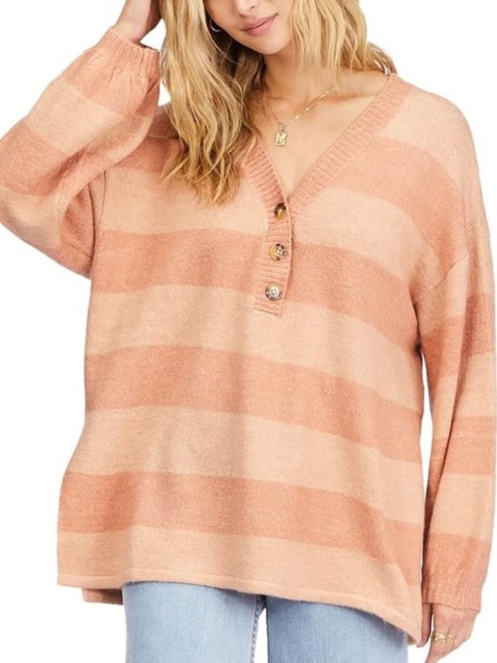 Billabong Sol Chasing Striped V-Neck Tunic Sweater Peach Tan Small Oversized